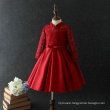 Chinese knot beautiful baby red lace dresses with long-sleeves